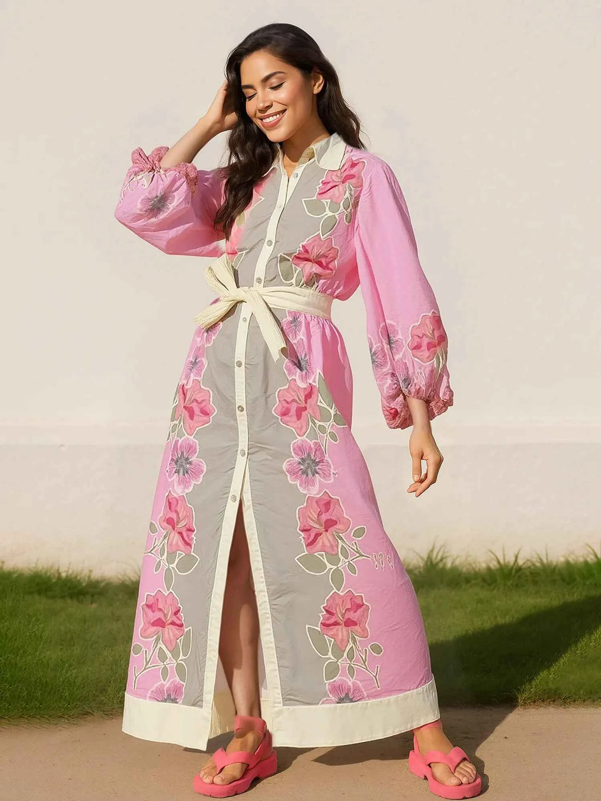 Floral Print Long Sleeve Maxi Shirt Dress