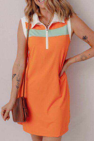 Quarter Zip Collared Neck Sleeveless Mini Dress Tangerine for a perfect OOTD – dress to impress outfits from Amexza