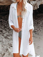 Button Up Roll-Tab Sleeve Cover-Up White One Size for a perfect OOTD – dress to impress outfits from Amexza