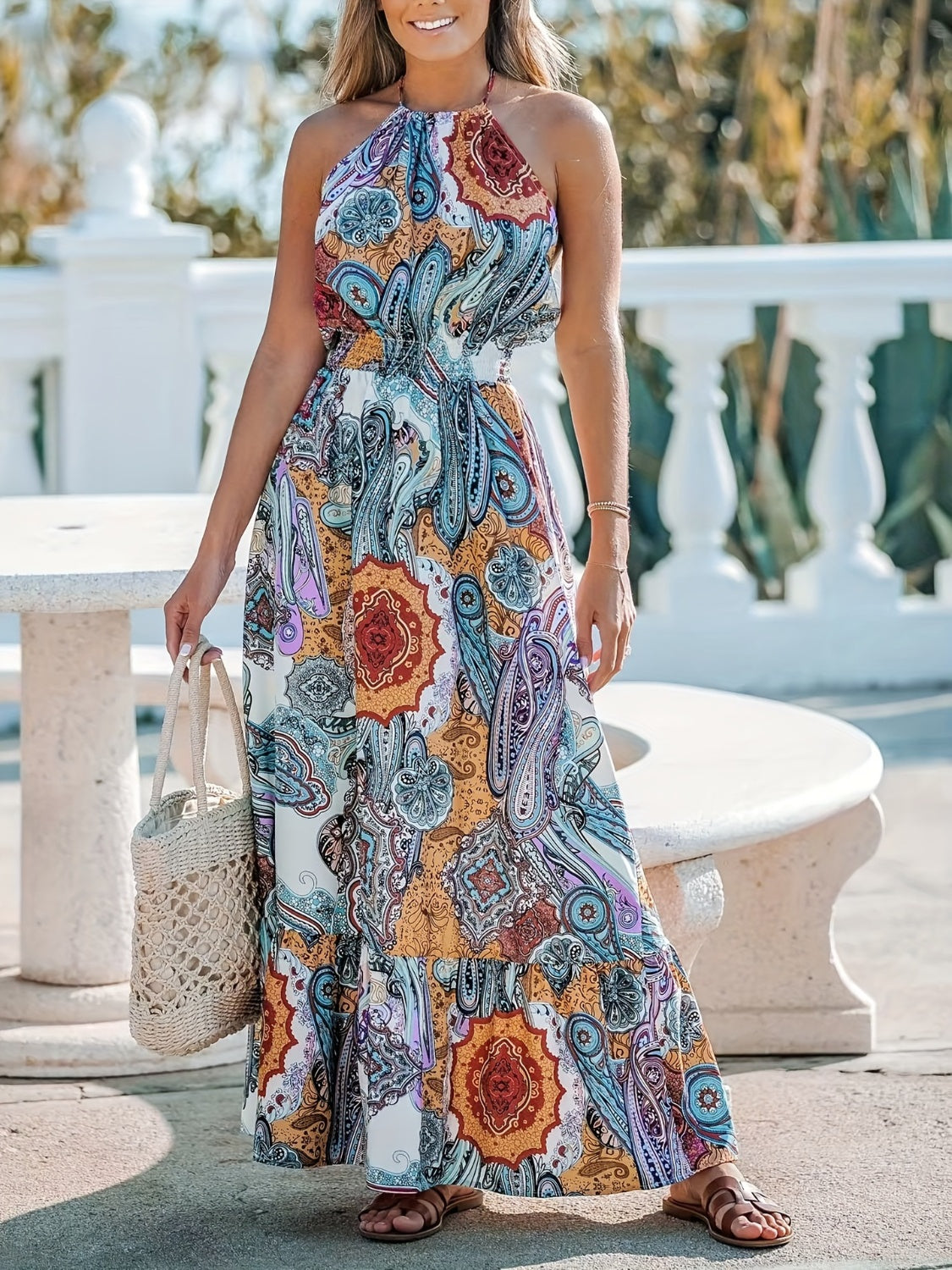 Printed Halter Neck Maxi Dress - Pastel Blue / S