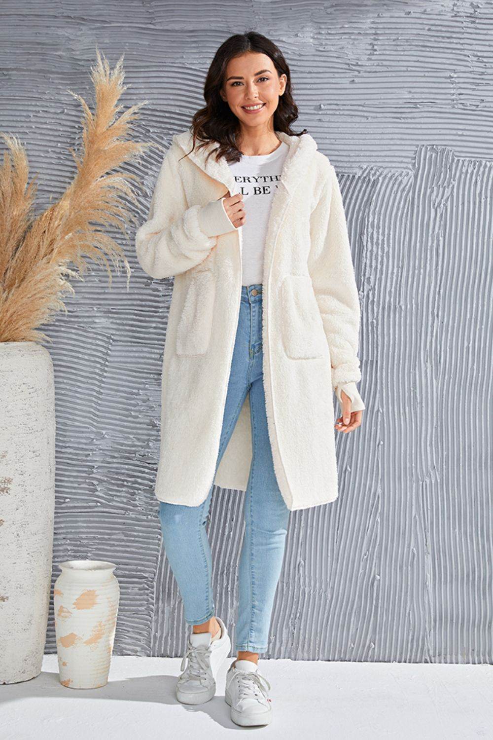 Double Take Full Size Hooded Teddy Bear Jacket with Thumbholes for a perfect OOTD – dress to impress outfits from Amexza