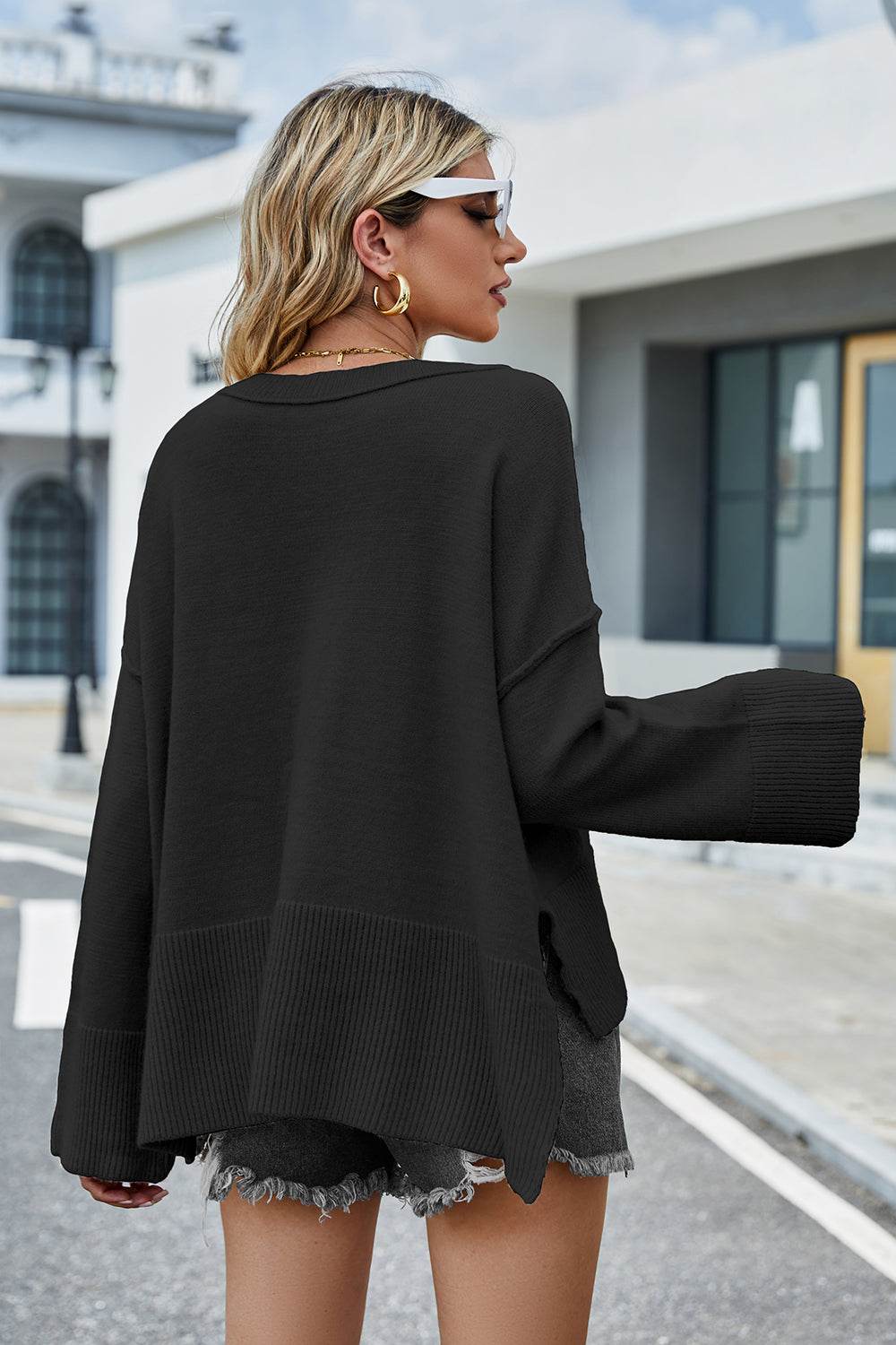 Round Neck Dropped Shoulder Slit Sweater for a perfect OOTD – dress to impress outfits from Amexza