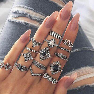 15 Piece Alloy Vintage Ring Set Silver One Size for a perfect OOTD – dress to impress outfits from Amexza