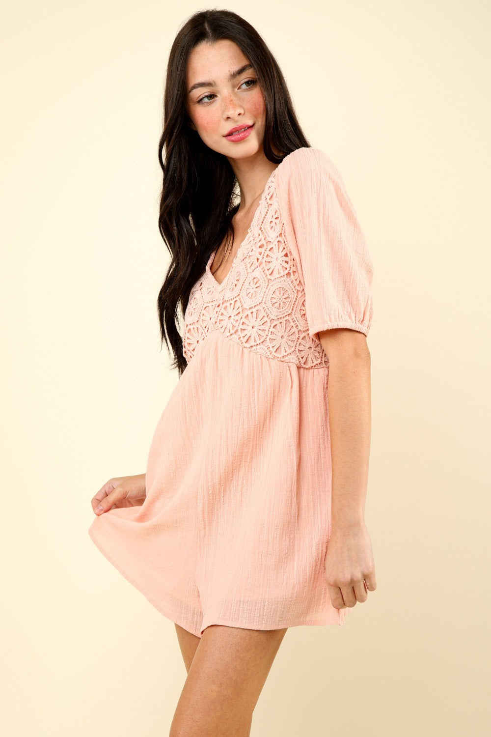 VERY J Lace Detail Puff Sleeve Romper with Pockets Blush for a perfect OOTD – dress to impress outfits from Amexza