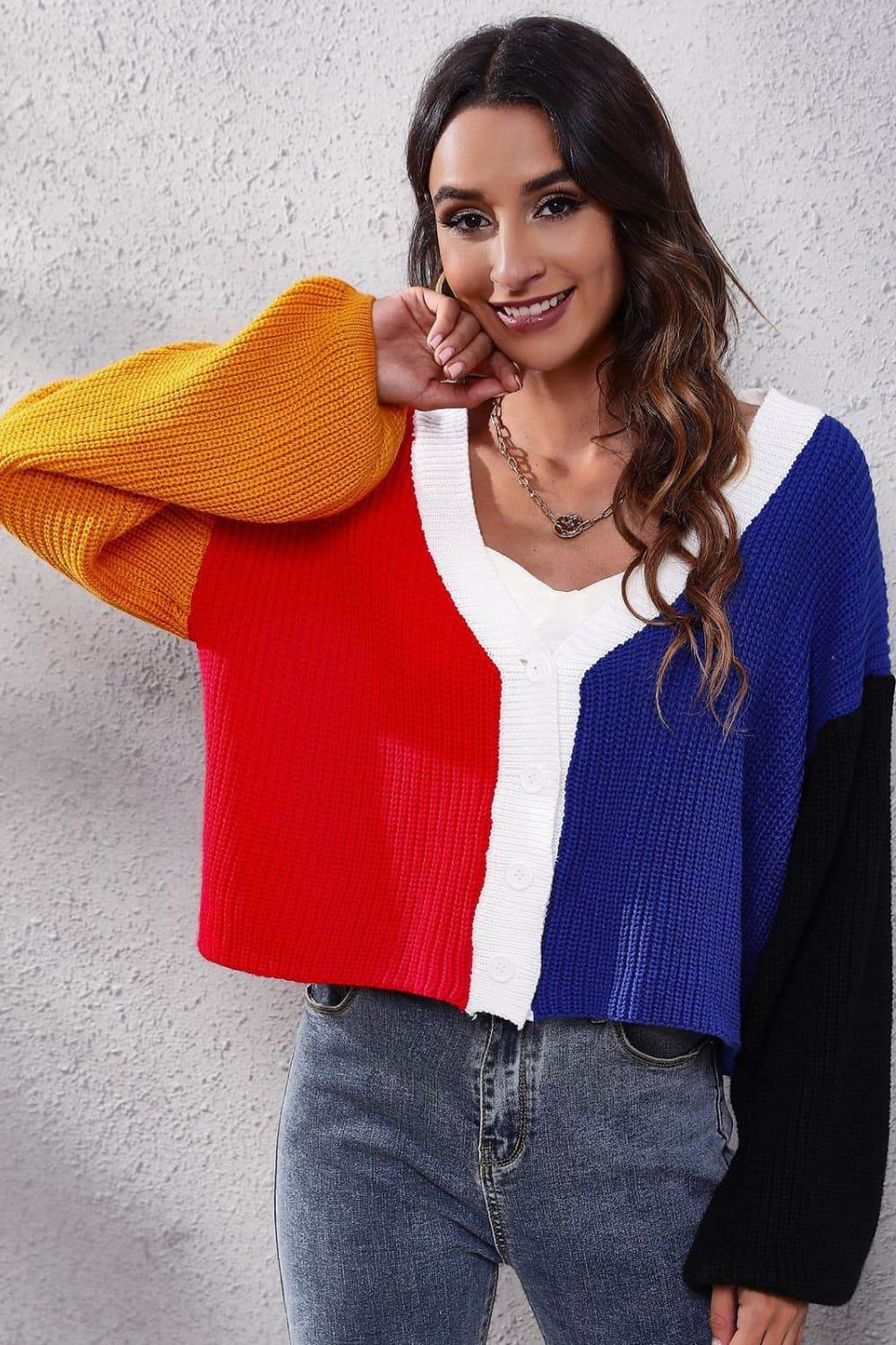 Color Block Ribbed Long Sleeve Cardigan Red Blue for a perfect OOTD – dress to impress outfits from Amexza