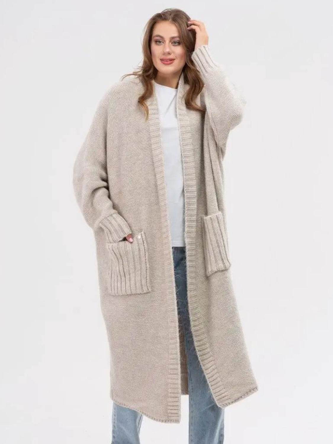 Pocketed Open Front Long Sleeve Longline Cardigan - Amexza