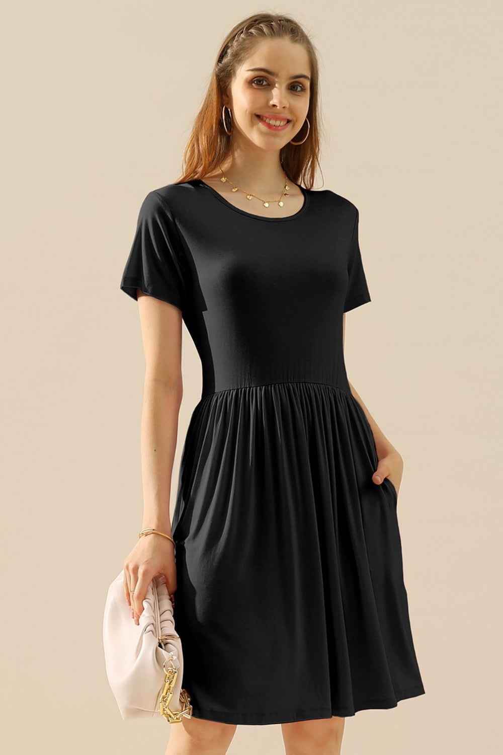 Ninexis Full Size Round Neck Ruched Dress with Pockets BLACK for a perfect OOTD – dress to impress outfits from Amexza