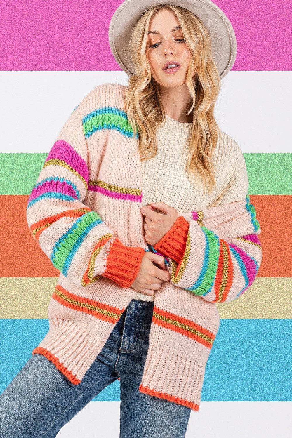 SAGE + FIG Rainbow Striped Open Front Knit Cardigan - Amexza