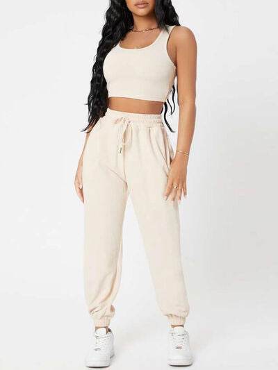 Wide Strap Top and Drawstring Joggers Set Cream for a perfect OOTD – dress to impress outfits from Amexza