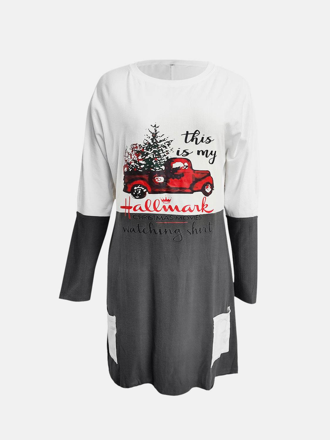 Full Size Graphic Two-Tone Round Neck Long Sleeve T-Shirt - Amexza