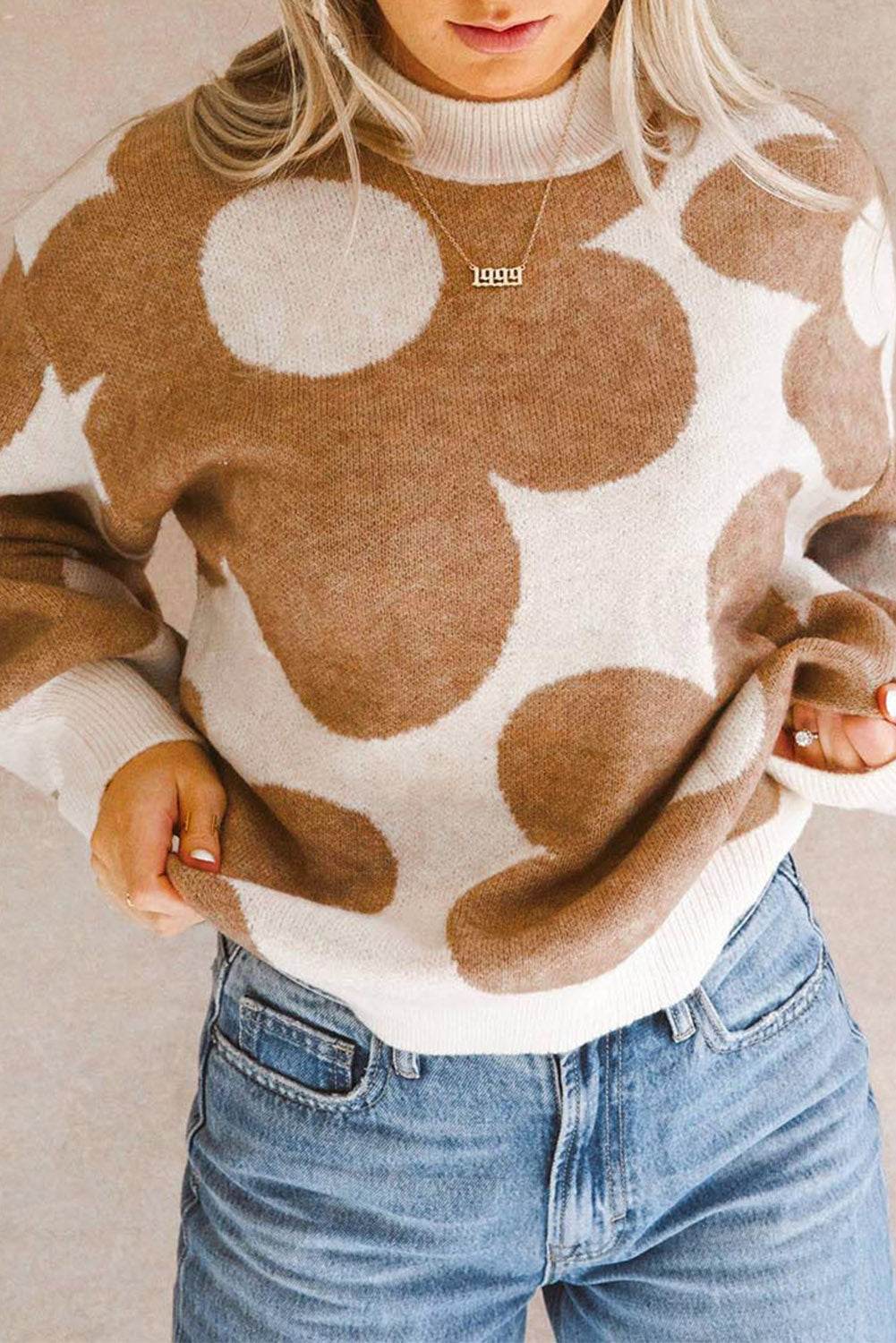 Contrast Flower Mock Neck Long Sleeve Sweater - Amexza