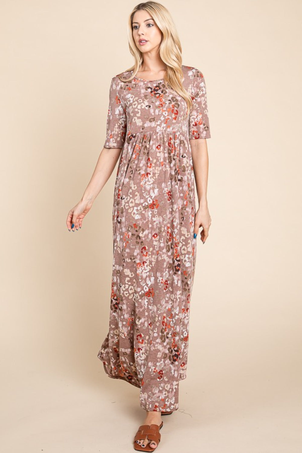 BOMBOM Printed Shirred Maxi Dress - Mocha / S