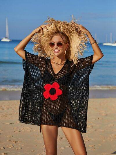 Angel Wings Openwork Flower V-Neck Short Sleeve Cover Up Black One Size for a perfect OOTD – dress to impress outfits from Amexza