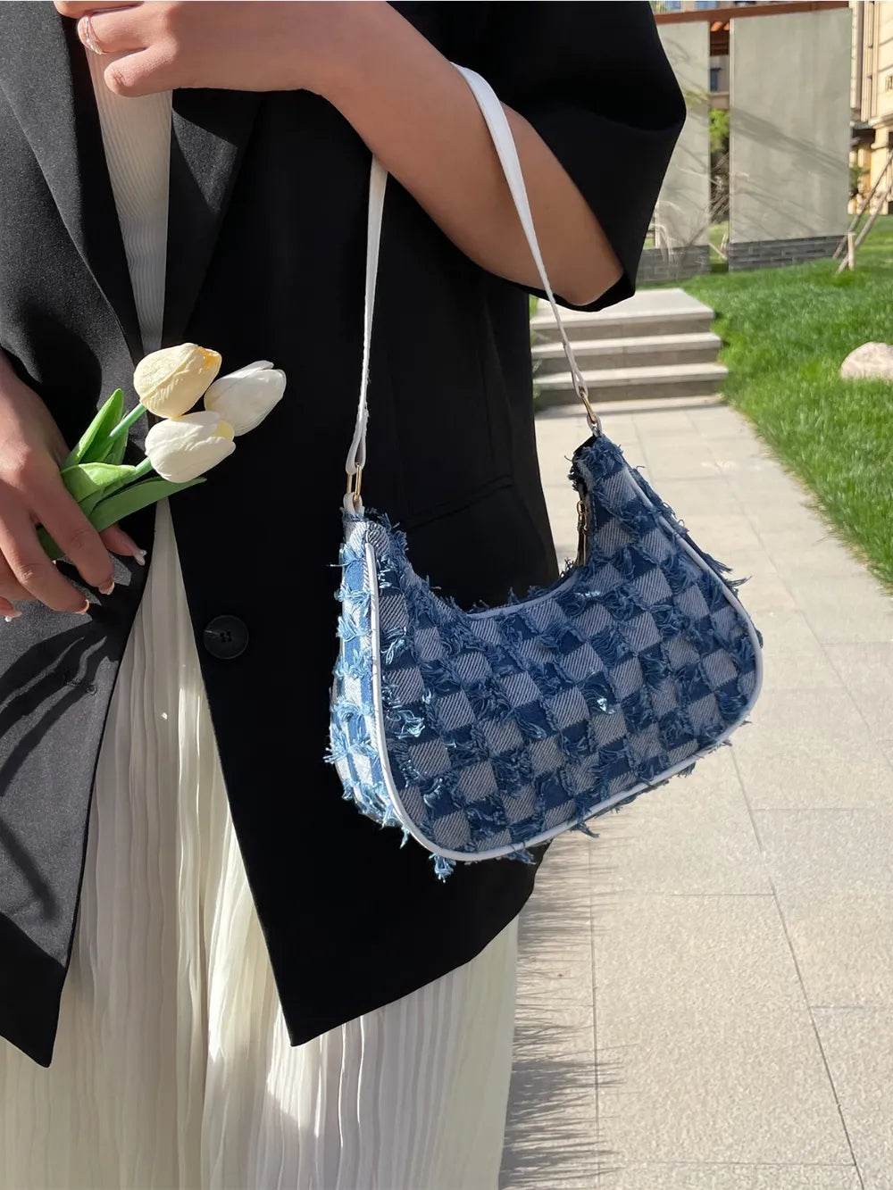 Checkered Raw Hem Shoulder Bag Peacock Blue One Size for a perfect OOTD – dress to impress outfits from Amexza