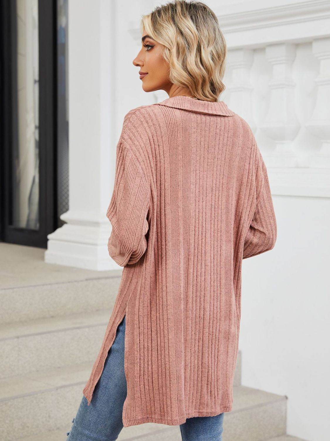 Slit Johnny Collar Long Sleeve T-Shirt for a perfect OOTD – dress to impress outfits from Amexza