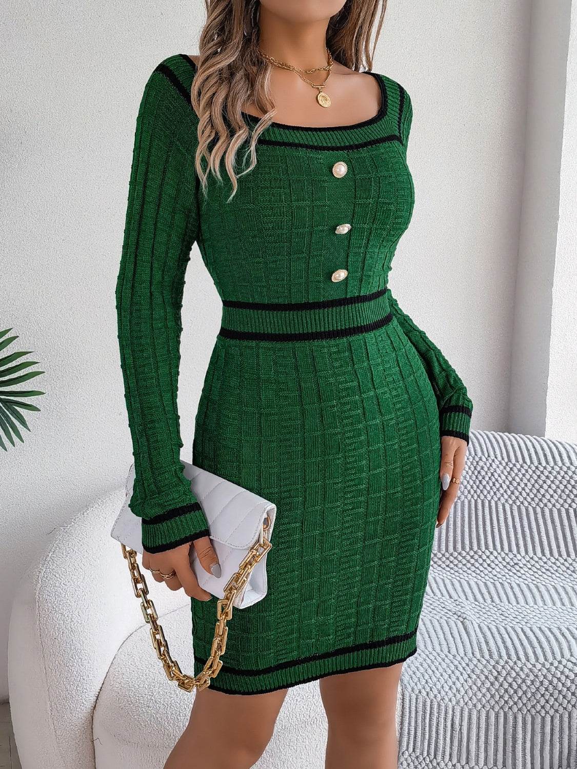 Contrast Trim Long Sleeve Sweater Dress Dark Green for a perfect OOTD – dress to impress outfits from Amexza