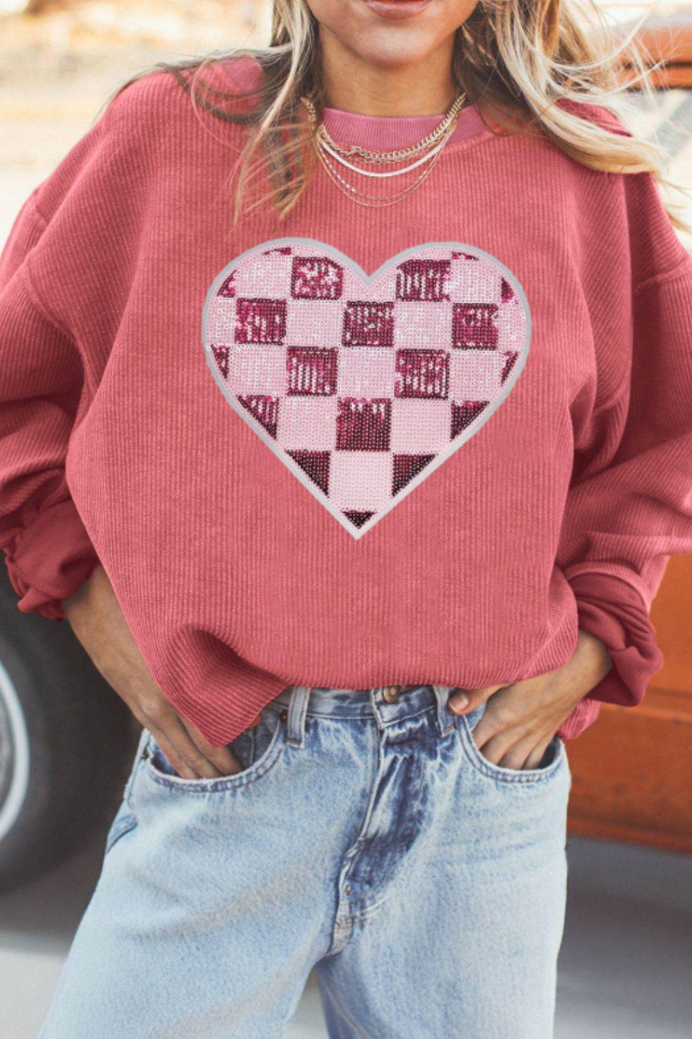 Valentine’s Day Sequin Checkered Heart Long Sleeve Sweatshirt Strawberry for a perfect OOTD – dress to impress outfits from Amexza