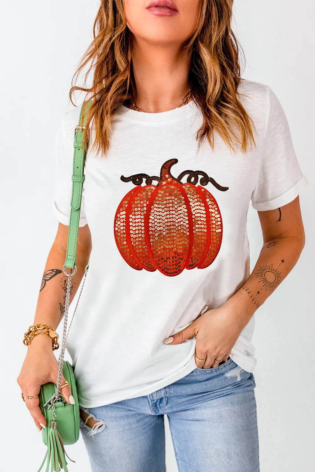 Full Size Sequin Pumpkin Round Neck Short Sleeve T-Shirt White for a perfect OOTD – dress to impress outfits from Amexza