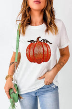 Full Size Sequin Pumpkin Round Neck Short Sleeve T-Shirt - Amexza