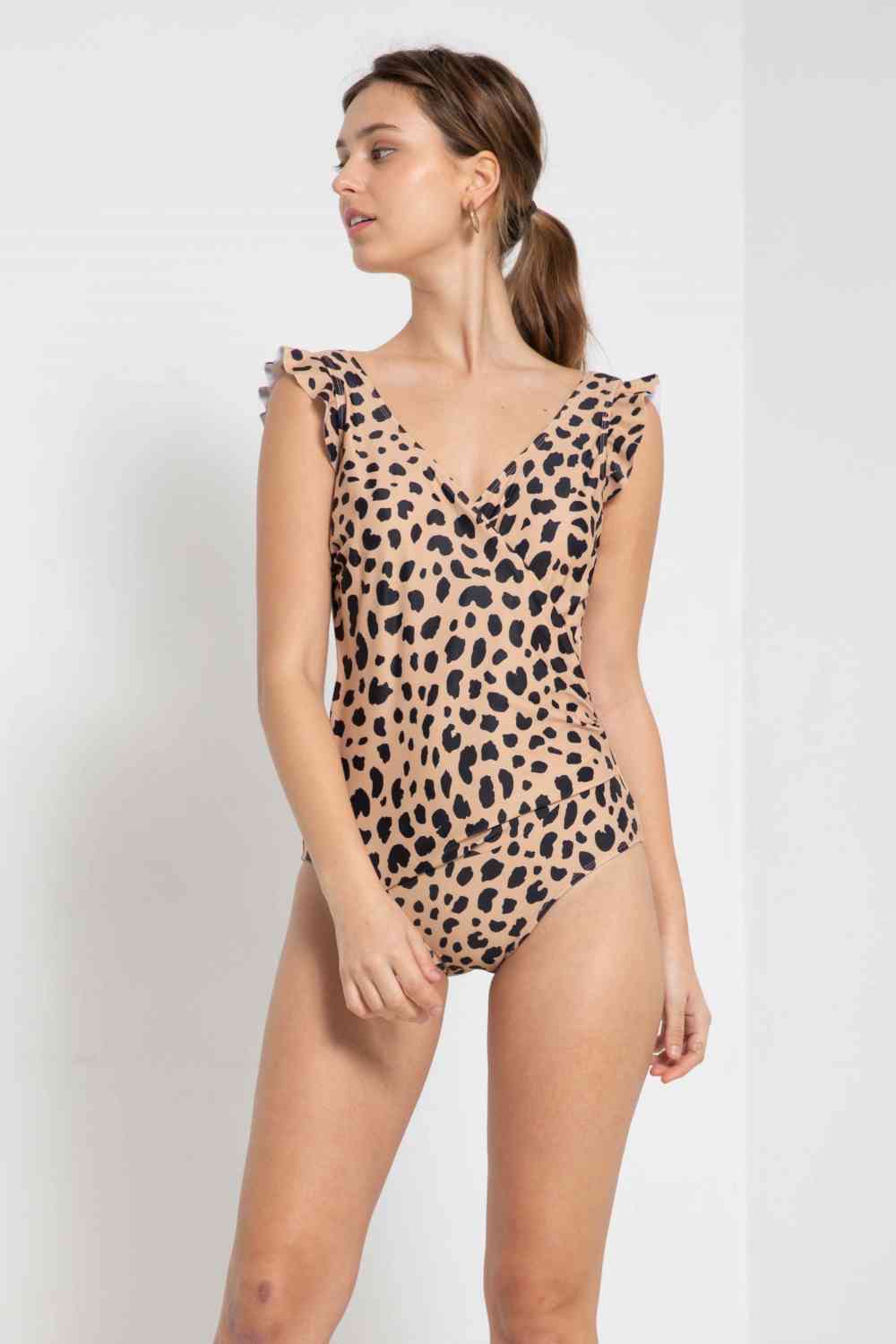 Marina West Swim Full Size Float On Ruffle Faux Wrap One-Piece in Leopard for a perfect OOTD – dress to impress outfits from Amexza