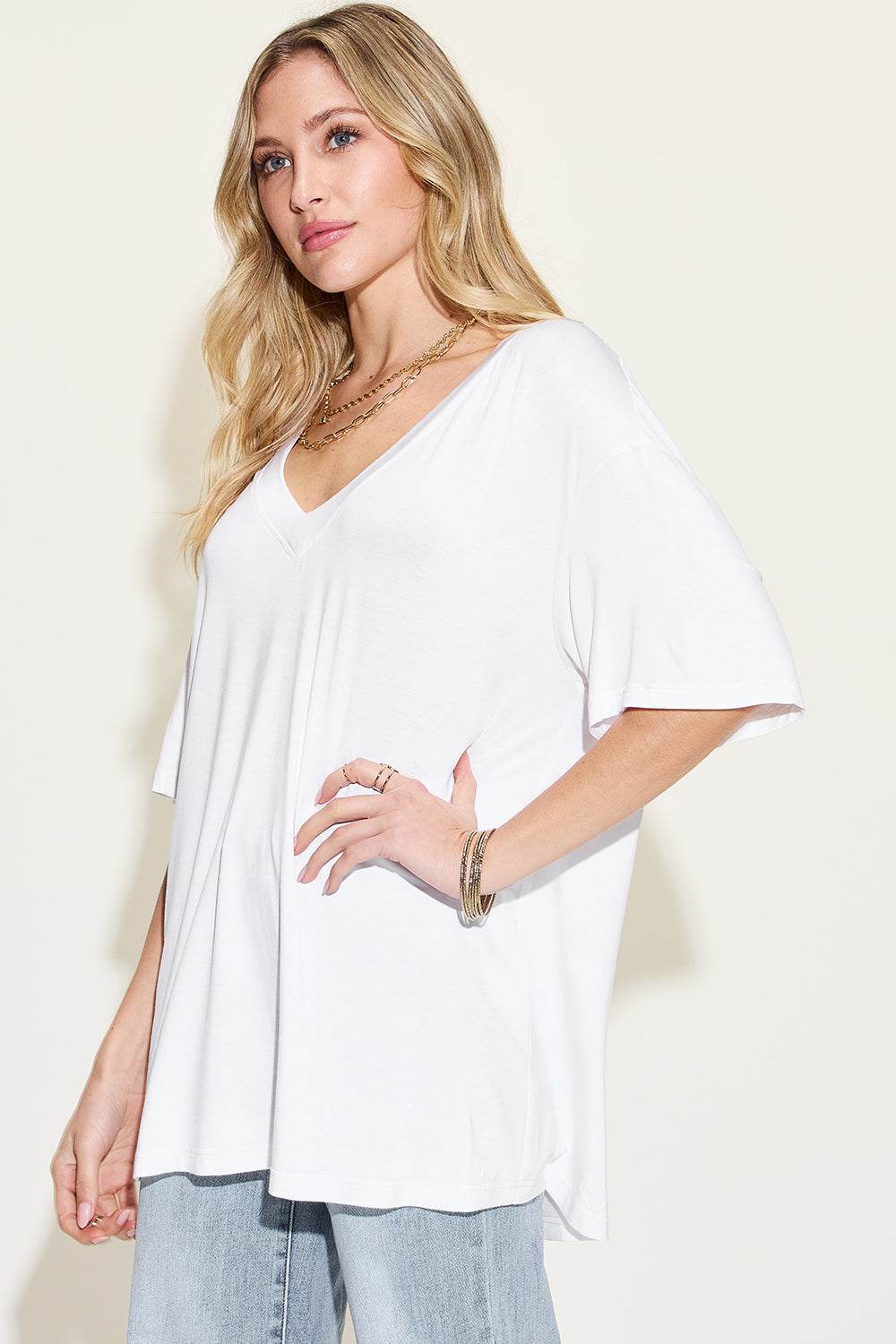 Basic Bae Full Size Bamboo V-Neck Drop Shoulder T-Shirt for a perfect OOTD – dress to impress outfits from Amexza