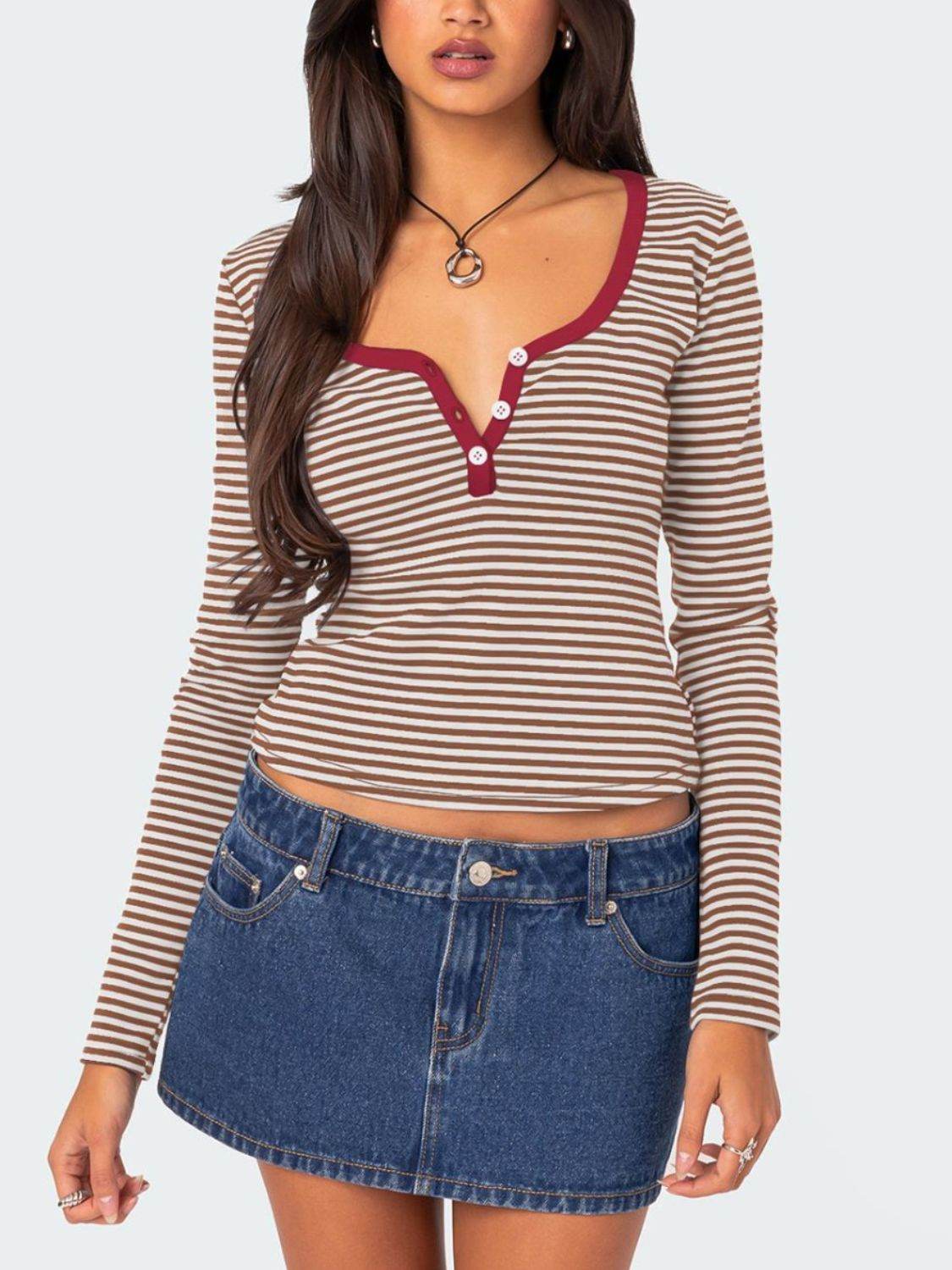 Buttoned Striped Long Sleeve T-Shirt Deep Red for a perfect OOTD – dress to impress outfits from Amexza