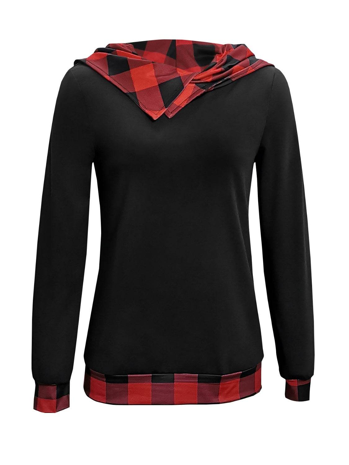 Plaid Long Sleeve Hooded Blouse - Amexza