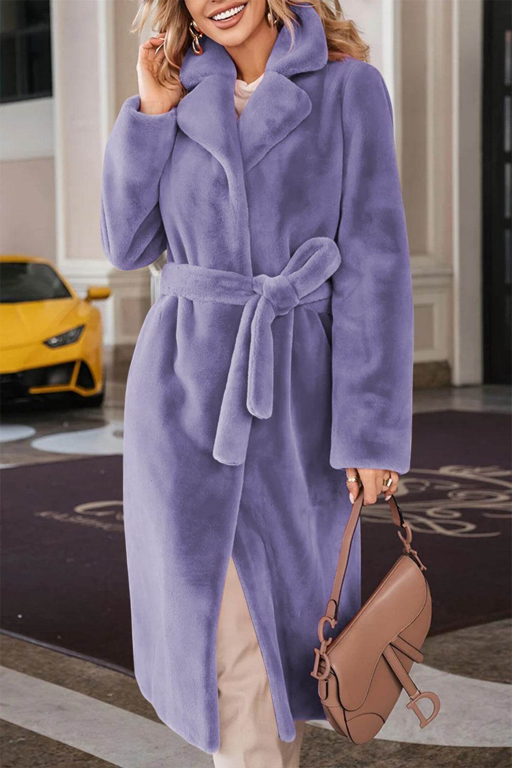 Full Size Fuzzy Tied Collared Neck Coat for a perfect OOTD – dress to impress outfits from Amexza