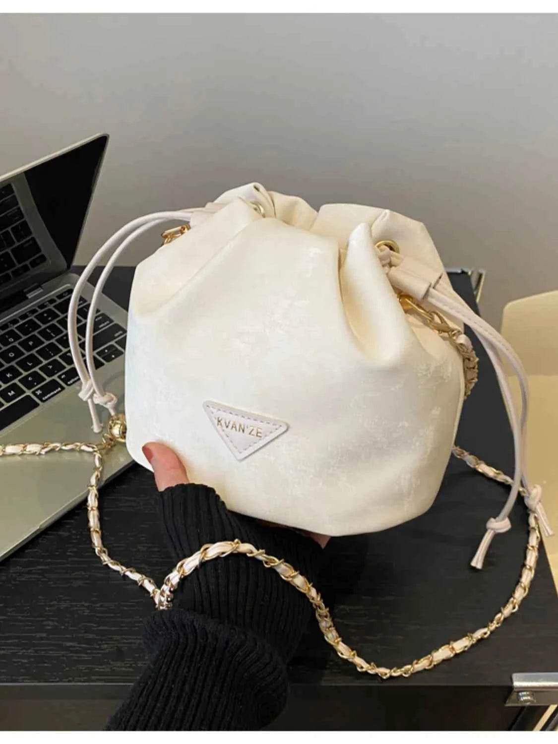 Drawstring Chain Strap Bucket Bag White One Size for a perfect OOTD – dress to impress outfits from Amexza