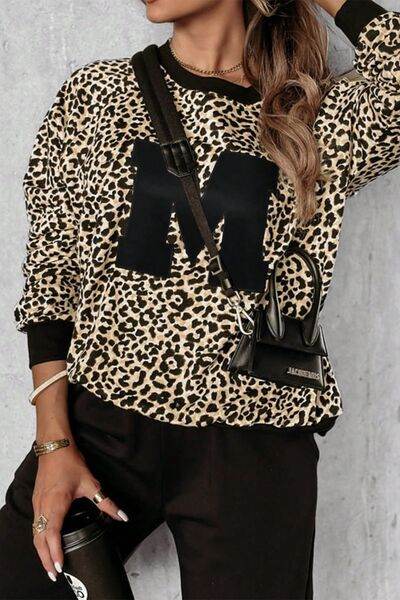 Letter M Leopard Round Neck Top and Pants Set for a perfect OOTD – dress to impress outfits from Amexza