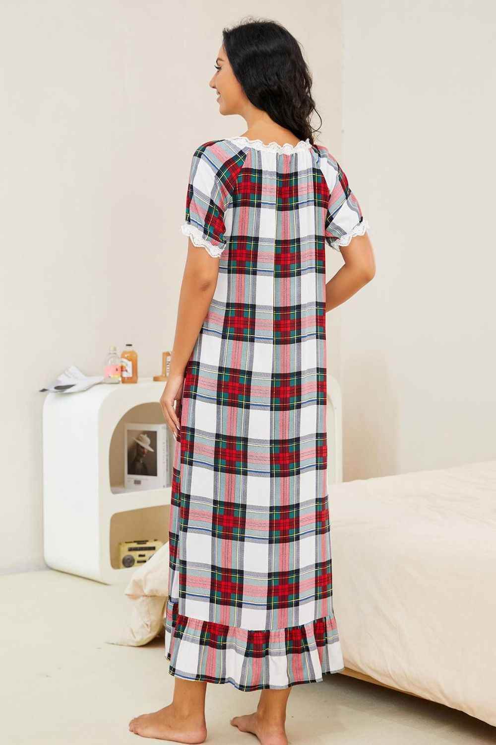 Plaid Lace Trim Ruffle Hem Night Dress for a perfect OOTD – dress to impress outfits from Amexza