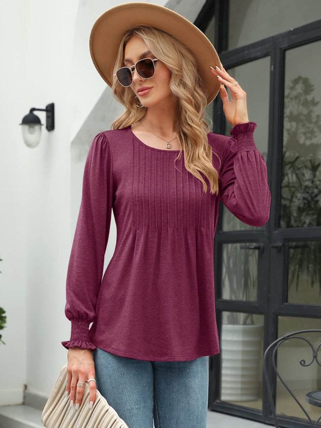 Smocked Round Neck Lantern Sleeve Blouse - Amexza