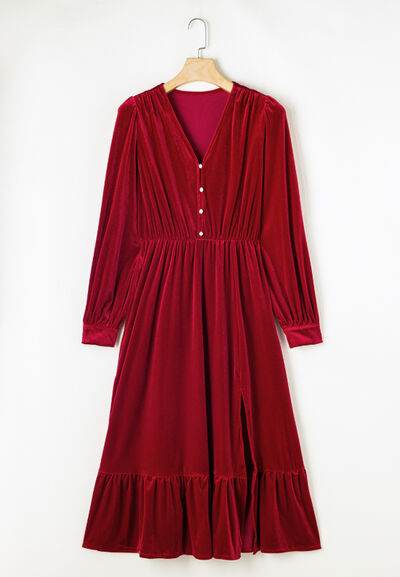 Ruffle Hem Slit V-Neck Long Sleeve Dress for a perfect OOTD – dress to impress outfits from Amexza