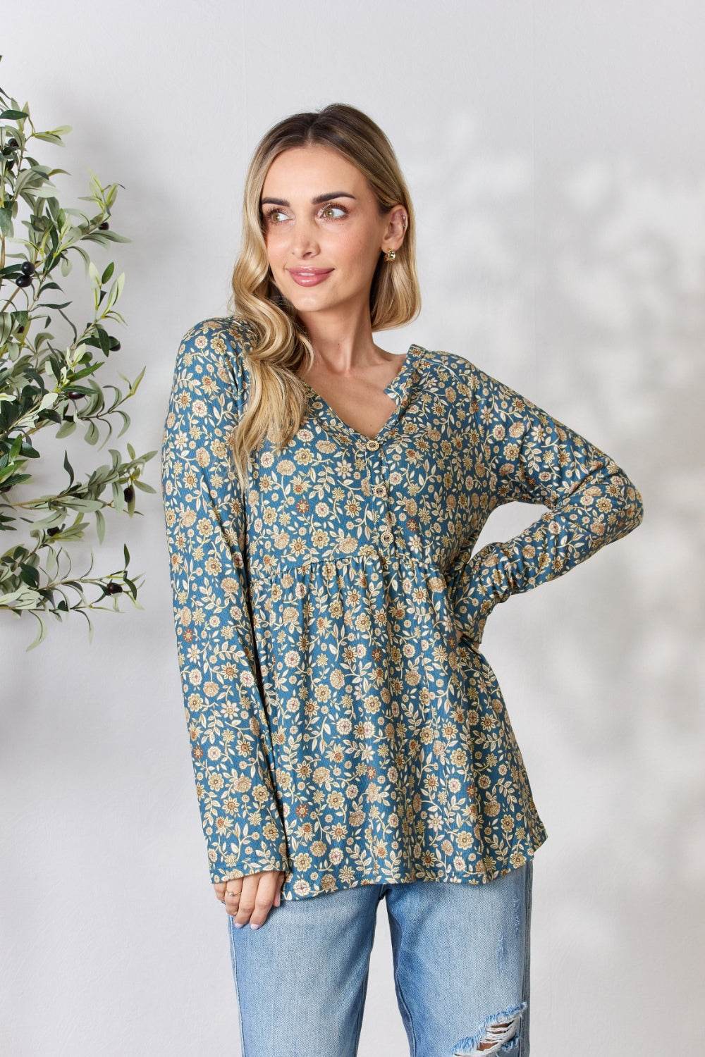 Heimish Full Size Floral Half Button Long Sleeve Blouse - Amexza