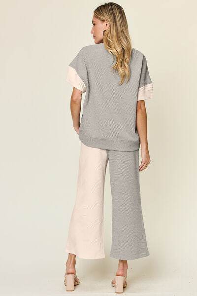 Double Take Full Size Texture Contrast T-Shirt and Wide Leg Pants Set for a perfect OOTD – dress to impress outfits from Amexza