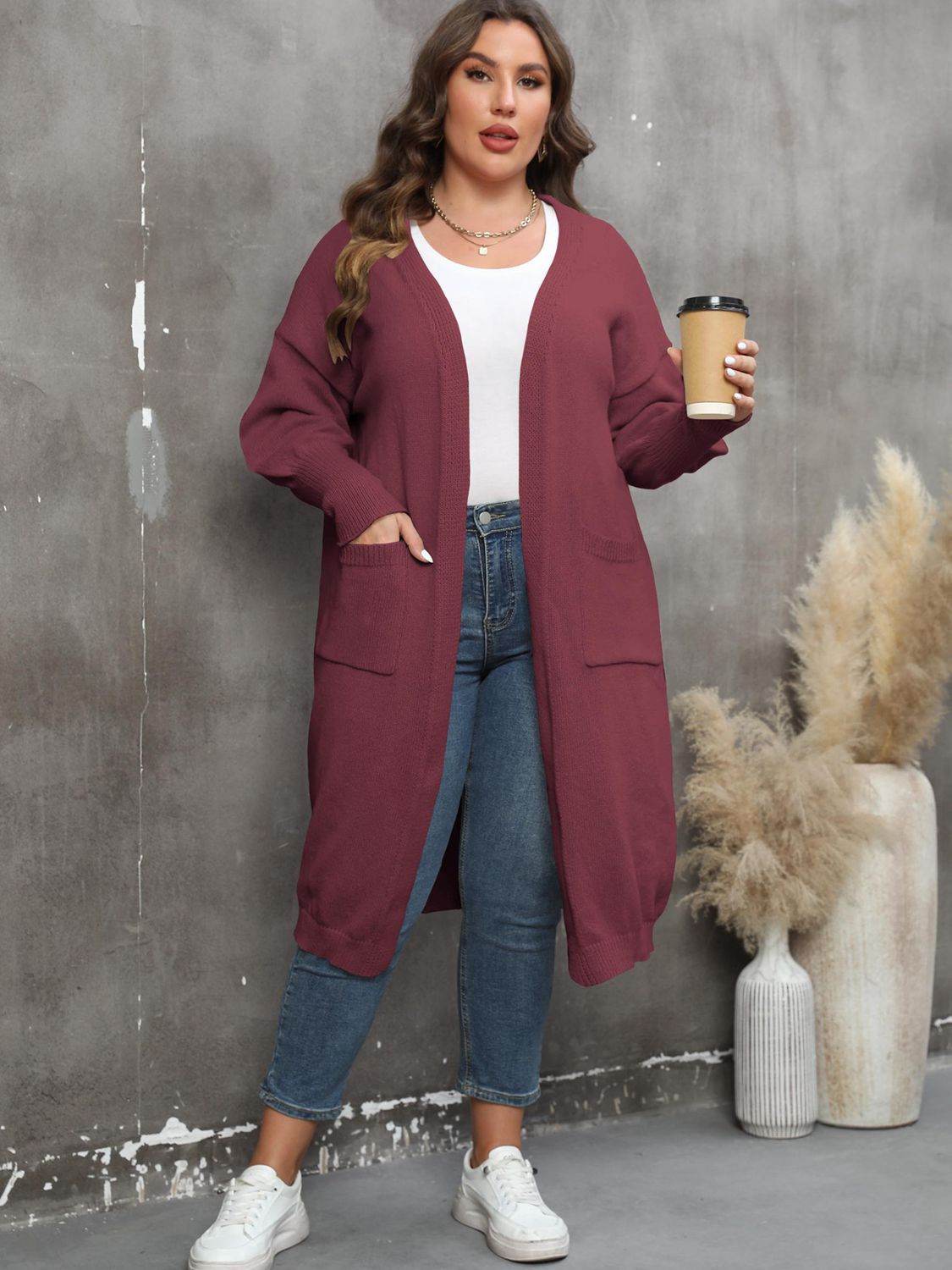 Plus Size Long Sleeve Pocketed Cardigan Burgundy for a perfect OOTD – dress to impress outfits from Amexza