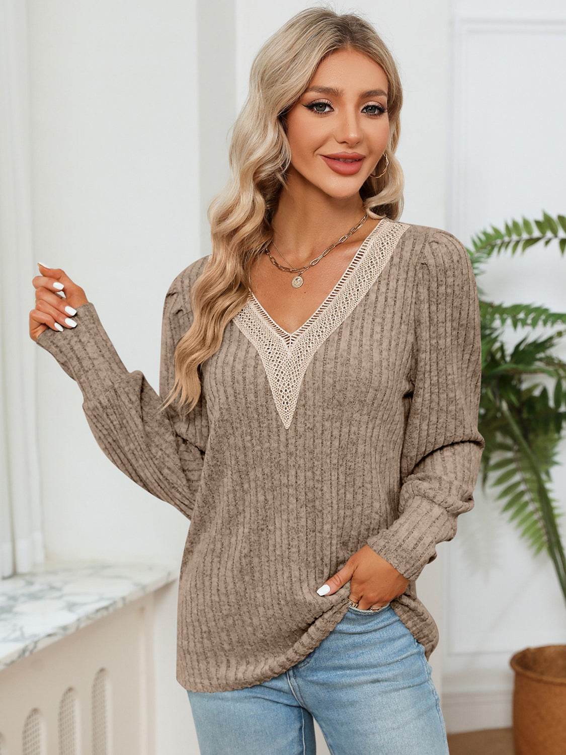 Lace Detail V-Neck Ribbed Blouse Khaki for a perfect OOTD – dress to impress outfits from Amexza