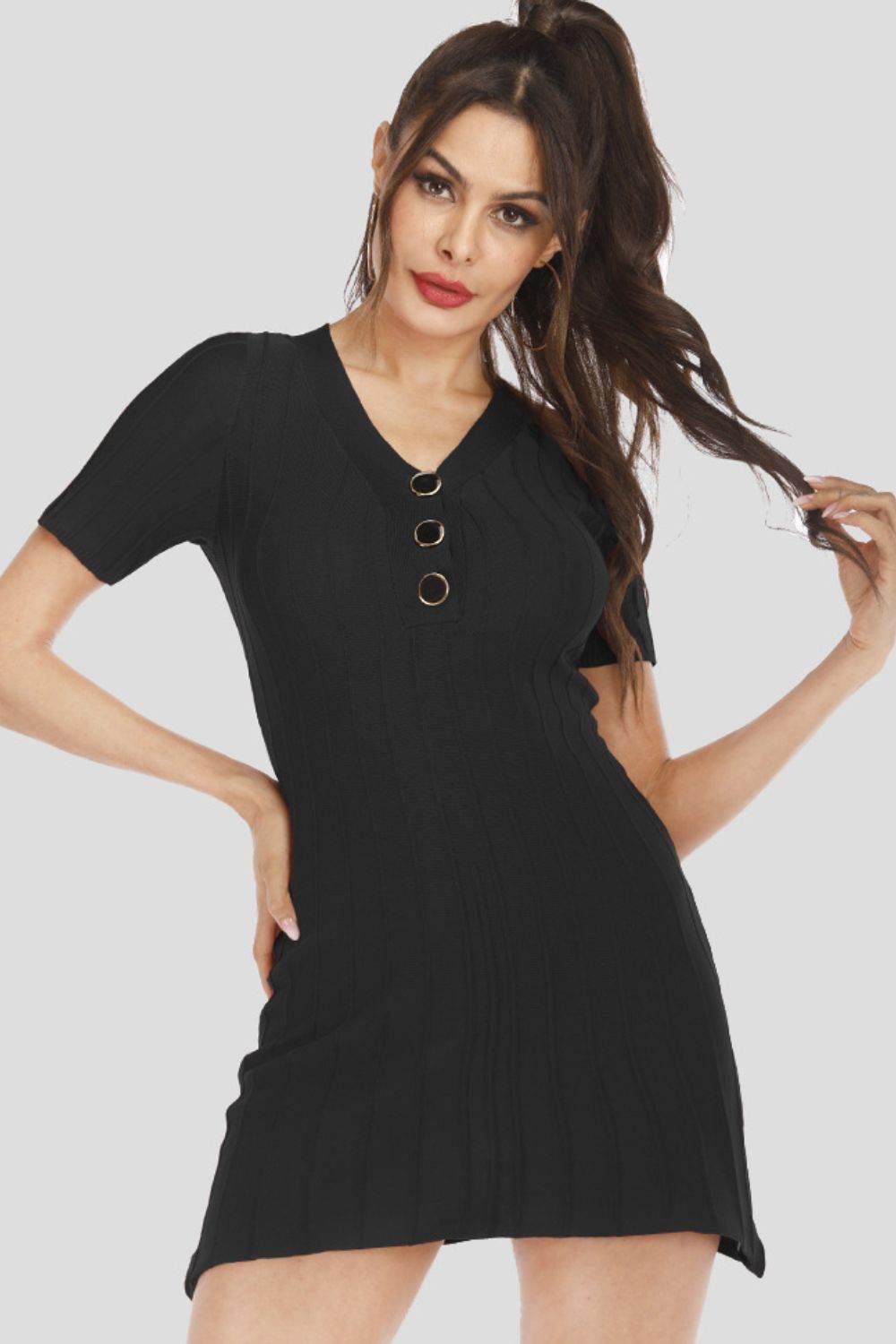 Buttoned Short Sleeve V-Neck Knit Dress Black One Size for a perfect OOTD – dress to impress outfits from Amexza