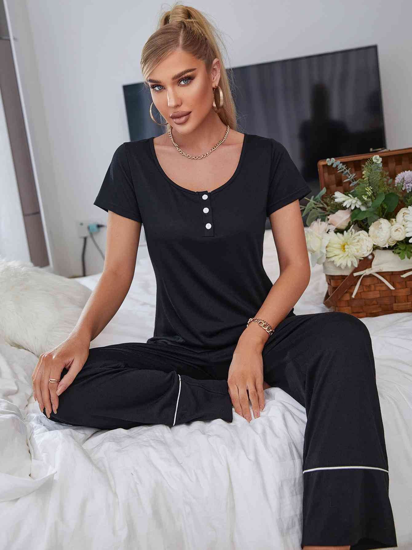 Scoop Neck Top and Elastic Waist Pants Lounge Set - Amexza