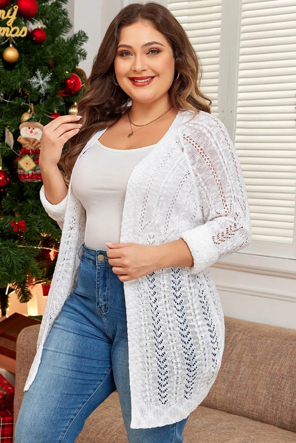 Plus Size Openwork Open Front Long Sleeve Cardigan for a perfect OOTD – dress to impress outfits from Amexza