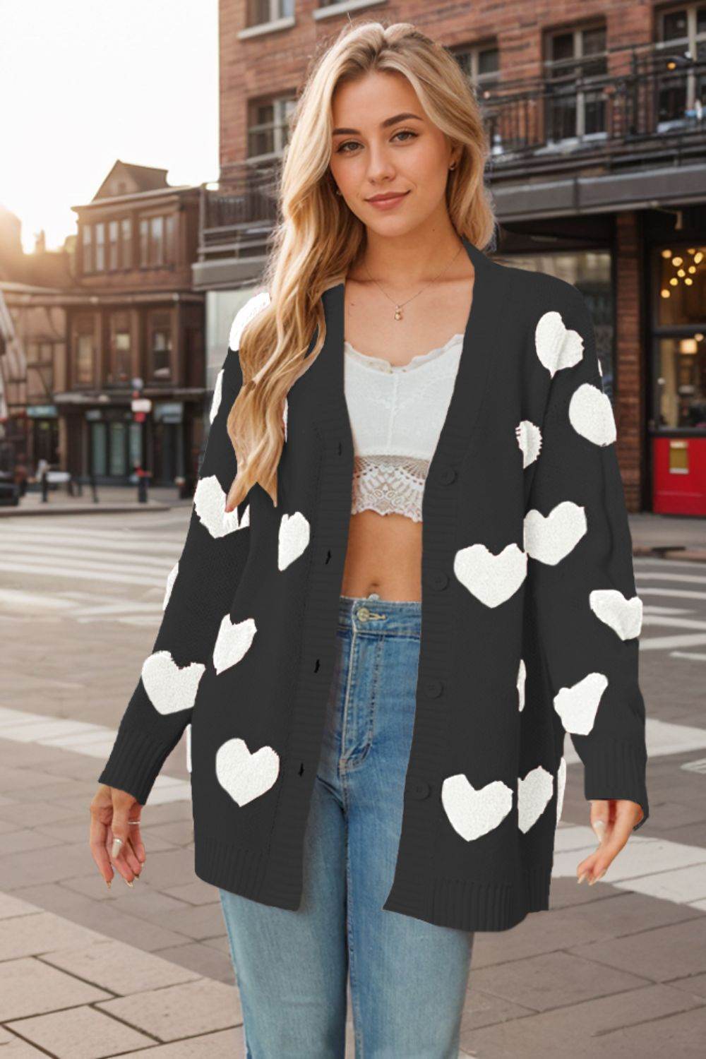 Heart Button Down Long Sleeve Cardigan White for a perfect OOTD – dress to impress outfits from Amexza