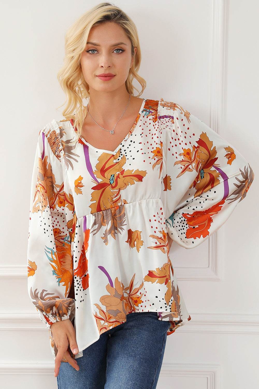 Printed V-Neck Smocked Balloon Sleeve Blouse for a perfect OOTD – dress to impress outfits from Amexza