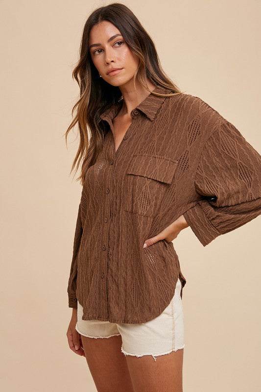 Annie Wear Openwork Button Down Drop Shoulder Shirt Brown for a perfect OOTD – dress to impress outfits from Amexza