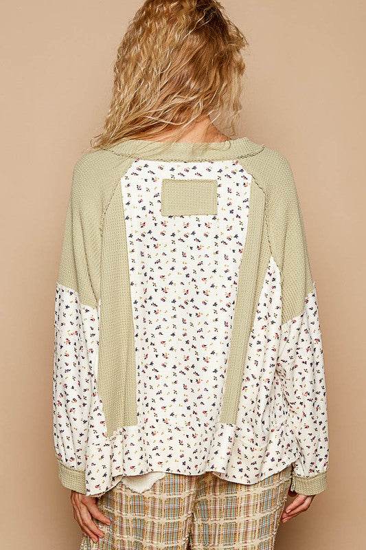 POL Waffle Knit Floral Notched Long Sleeve Top - Amexza