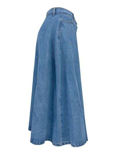 Buttoned Midi Denim Skirt with Pockets - Amexza