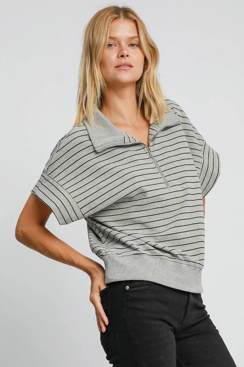 Umgee Striped Half Zip Short Sleeve Sweatshirt for a perfect OOTD – dress to impress outfits from Amexza