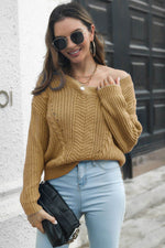 Cable-Knit V-Neck Sweater Camel for a perfect OOTD – dress to impress outfits from Amexza