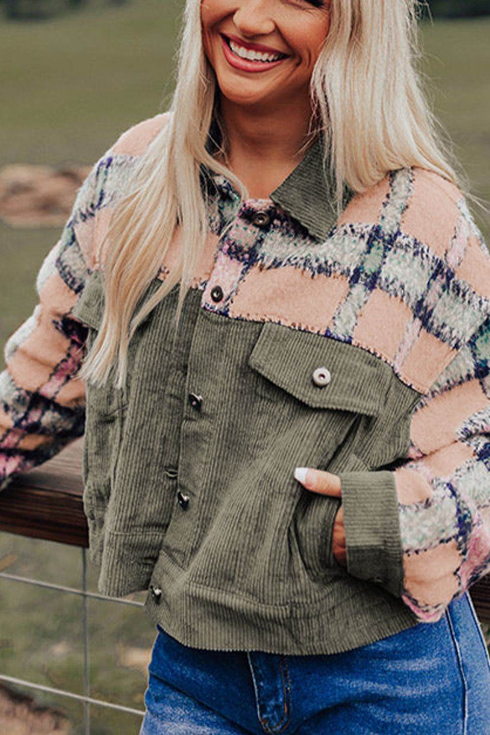 Plaid Corduroy Flap Pockets Button Up Jacket for a perfect OOTD – dress to impress outfits from Amexza