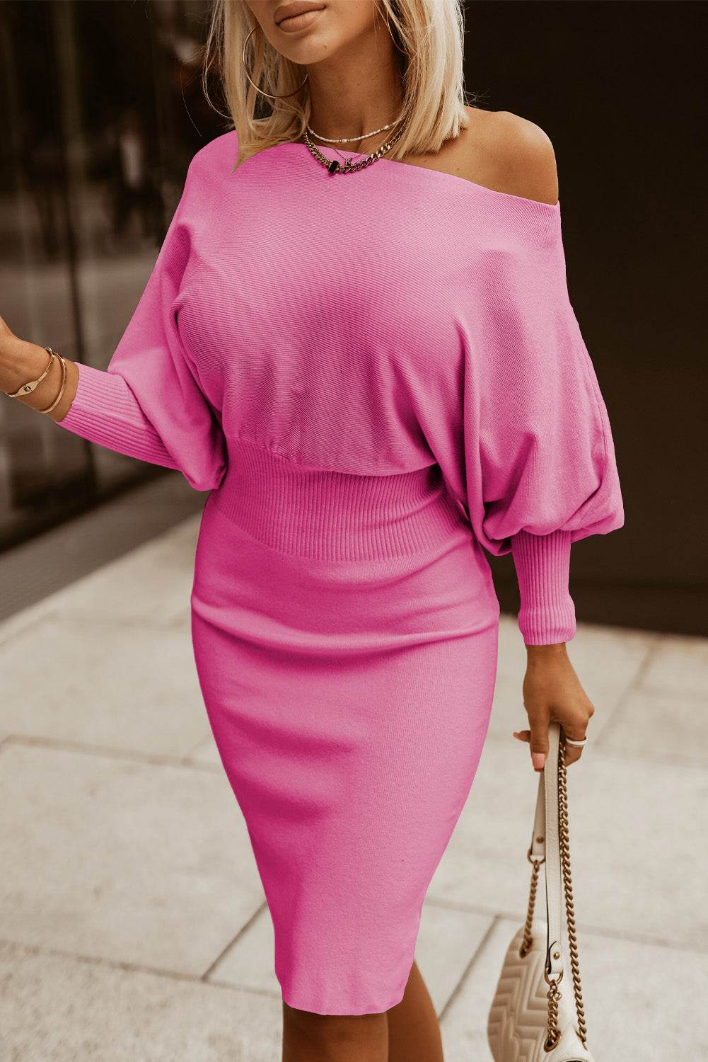 Boat Neck Lantern Sleeve Sweater Dress Rose Pink for a perfect OOTD – dress to impress outfits from Amexza