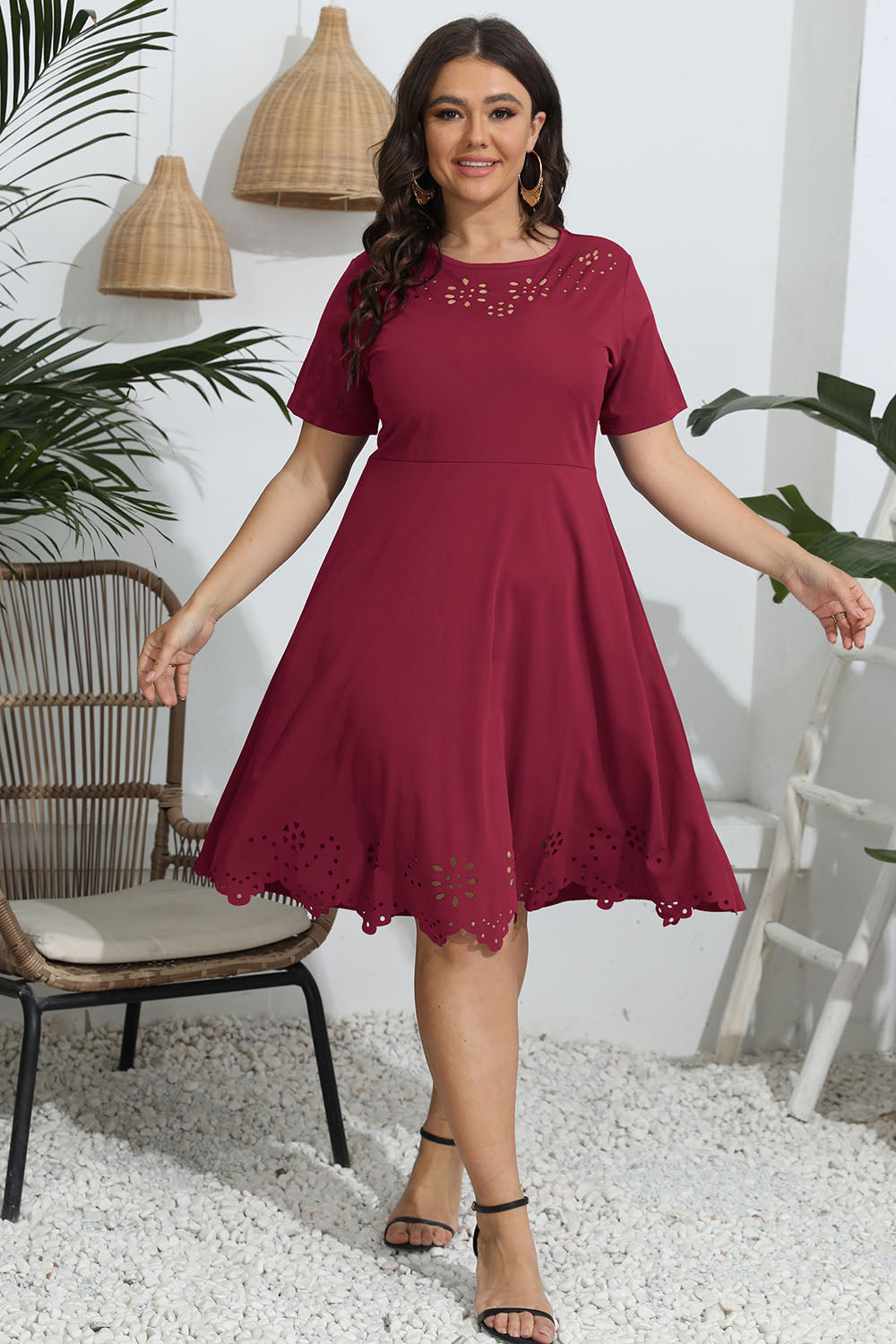 Plus Size Round Neck Openwork Dress - Deep Red / L